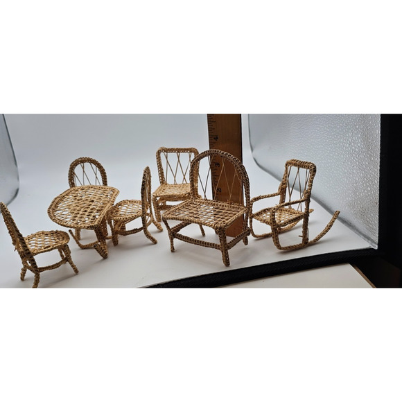 Dollhouse patio kitchen furniture bamboo look chairs bench rocker table mini - Picture 5 of 8